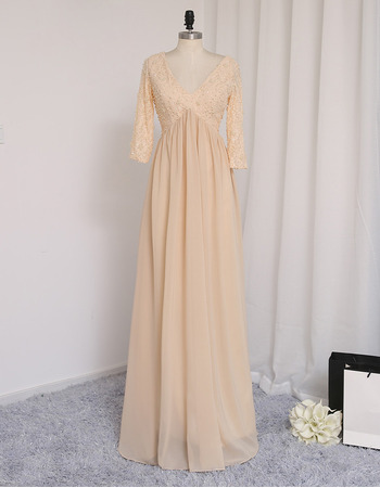 Inexpensive V-Neck Long Chiffon Prom Dress with 3/4 Long Sleeves