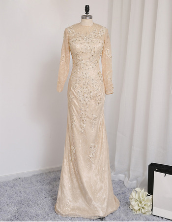 Custom Sheath Floor Length Lace Prom/ Formal Dress with Long Sleeves