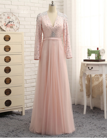 New V-Neck Floor Length Prom/ Formal Dress with Long Sleeves