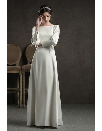 Elegant Satin Floor Length Reception Wedding Dress with Long Sleeves