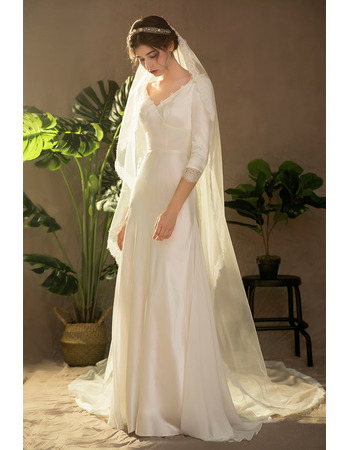 Affordable V-Neck Long Satin Wedding Dresses with 3/4 Long Sleeves