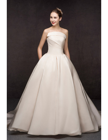 Affordable A-Line Strapless Floor Length Satin Wedding Dresses