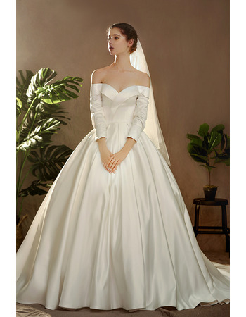 Vintage Off-the-shoulder Long Satin Wedding Dresses with Long Sleeves