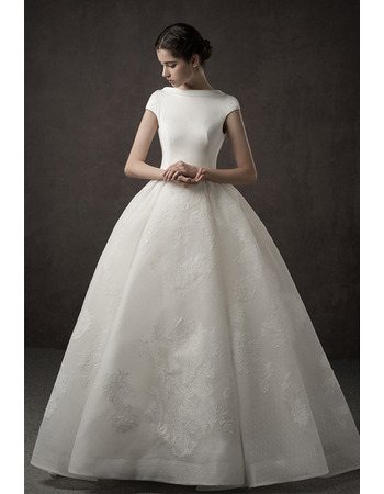 2022 New Style Ball Gown Cap Sleeves Floor Length Satin Wedding Dress