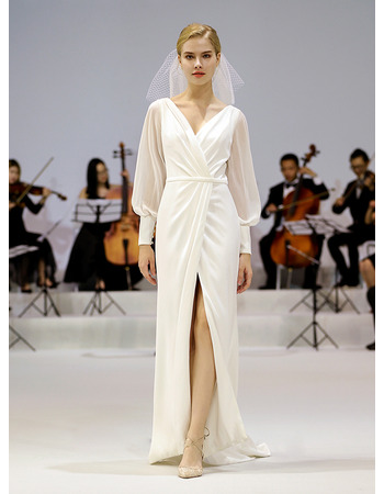 Discount V-Neck Floor Length Chiffon Wedding Dress with Long Sleeves
