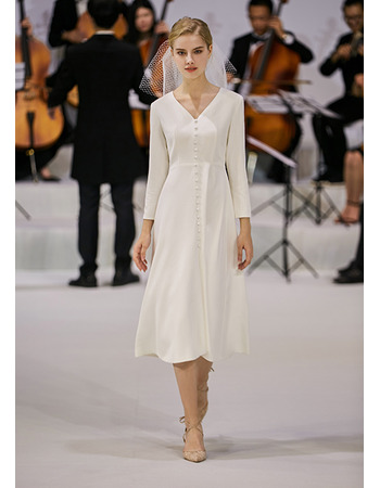 Elegant V-Neck Tea Length Satin Reception Wedding Dresses with Sleeves