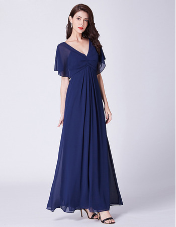 New V-Neck Cap Sleeves Floor Length Chiffon Evening Dress