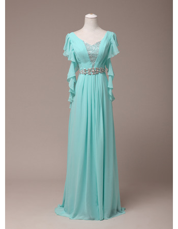 Elegant V-Neck Floor Length Chiffon Evening/ Prom Dress with Ruffle