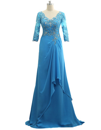 Elegant Floor Length Chiffon Mother Dress with 3/4 Long Sleeves