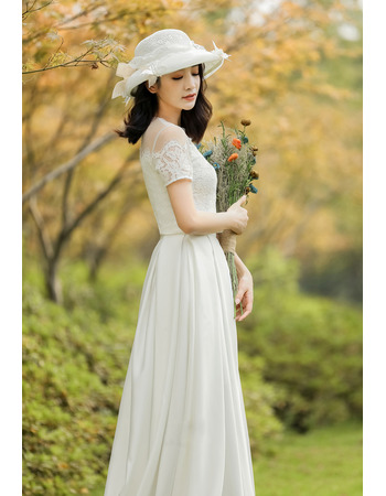 Affordable Short Sleeves Long Lace Satin Reception Wedding Dresses