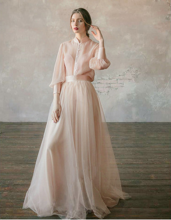 New Mandarin Collar Organza Wedding Dresses with Long Sleeves