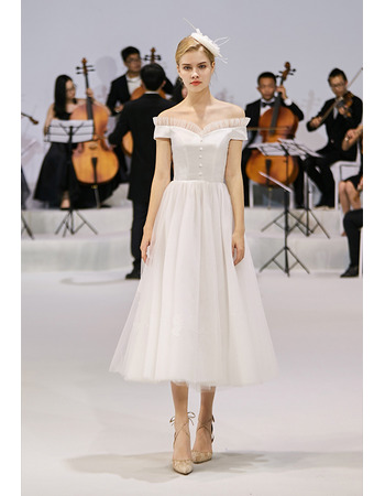 Custom A-Line Off-the-shoulder Tea Length Reception Wedding Dresses