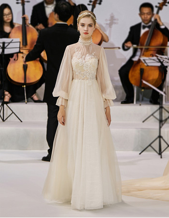 Affordable A-Line Floor Length Organza Wedding Dress with Long Sleeves