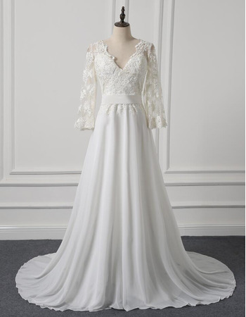 Custom V-Neck Long Chiffon Wedding Dresses with Long Lace Sleeves
