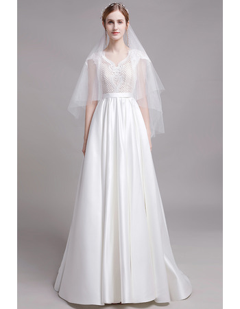 New Style Short Sleeves Floor Length Lace Satin Wedding Dress