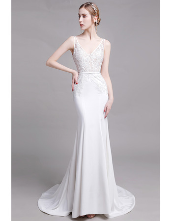 Sexy Mermaid V-Neck Sleeveless Floor Length Lace Satin Bridal Dress