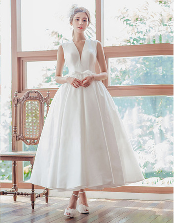 Custom Ball Gown V-Neck Sleeveless Tea Length Satin Wedding Dress