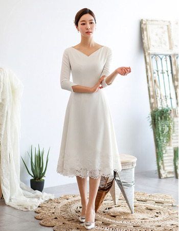 Affordable V-Neck Knee Length Satin Bridal Dress with 3/4 Long Sleeves