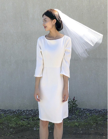Custom Column Knee Length Satin Bridal Dress with 3/4 Long Sleeves