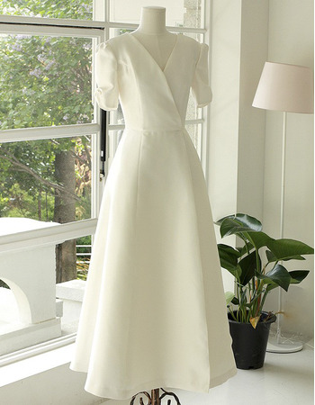 Discount Tea Length Satin Reception Bridal Dress with Short Sleeves