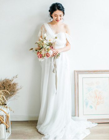 2020 New Style Asymmetric One Shoulder Long Chiffon Bridal Dress