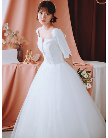 Custom Ball Gown Square Neck Long Wedding Dress with Half Sleeves