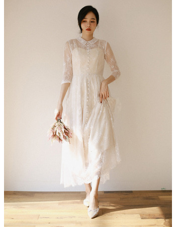 New Ankle Length Lace Bridal Dress with 3/4 Long Sleeves