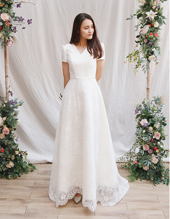 Custom V-Neck Long Satin Lace Wedding Dress with Short Sleeves