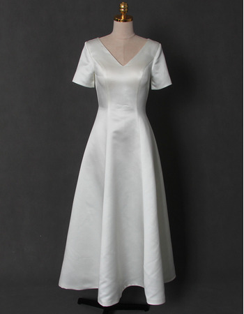 Vintage A-Line V-Neck Tea Length Satin Bridal Dress with Short Sleeves