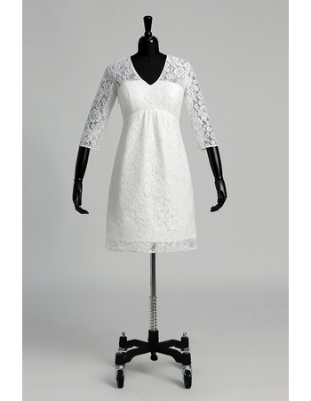 Custom Empire V-Neck Short Lace Wedding Dress with 3/4 Long Sleeves