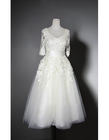 Elegant V-Neck Knee Length Organza Bridal Dress with Half Sleeves