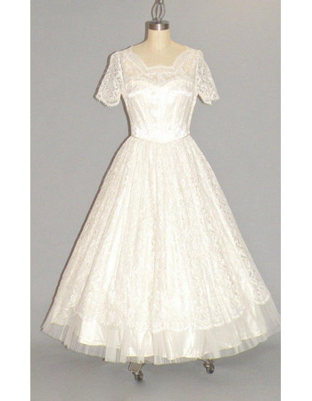 Custom A-Line Tea-Length Lace Bridal Dress with Short Sleeves