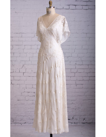 Discount V-Neck Tea Length Chiffon Wedding Dress with Cap Sleeves