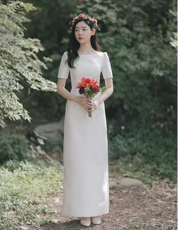 Vintage Column Floor Length Satin Wedding Dress with Short Sleeves