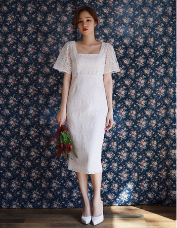 Custom Sheath Knee Length Lace Wedding Dress with Short Sleeves