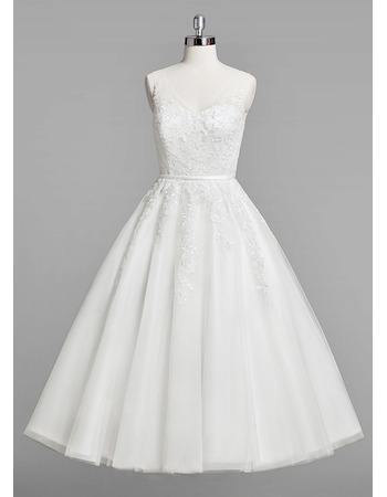 Inexpensive A-Line V-Neck Knee Length Satin Organza Wedding Dress