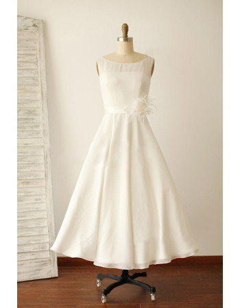 Affordable A-Line Tea Length Chiffon Reception Wedding Dress