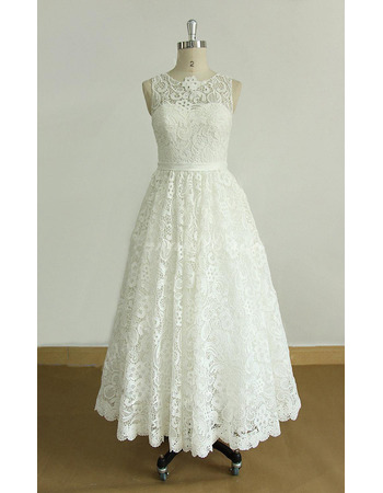 Vintage A-Line Sleeveless Tea-Length Lace Reception Wedding Dress