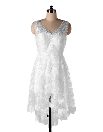 Casual A-Line V-Neck High-Low Short Lace Beach Wedding Dress