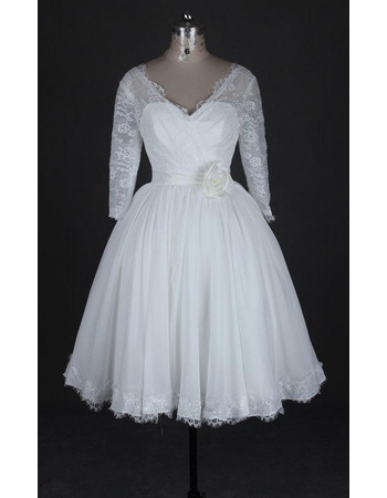 Casual V-Neck Knee Length Wedding Dress with 3/4 Long Sleeves