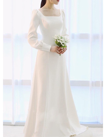 Vintage Square Neck Floor Length Satin Wedding Dress with Long Sleeves