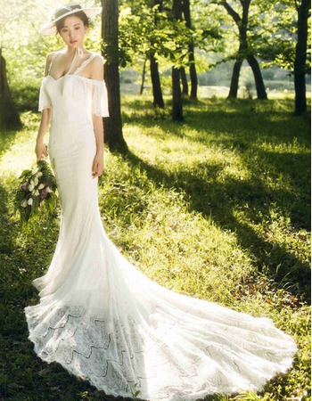 Custom Trumpet Spaghetti Straps Floor Length Lace Wedding Dress