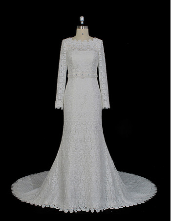 Custom Sheath Floor Length Lace Wedding Dress with Long Sleeves