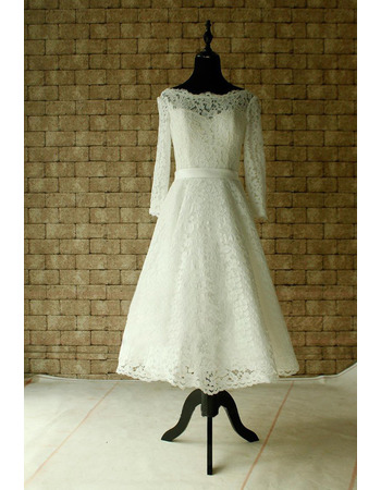 Custom A-Line Knee Length Lace Wedding Dress with Long Sleeves