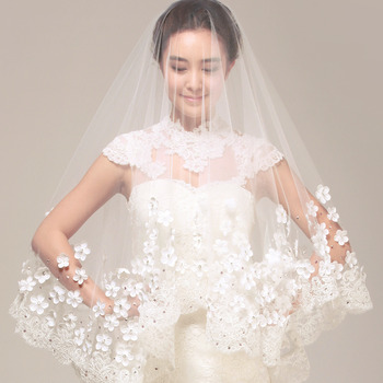 2 Layers Fingertip-Length Tulle with Applique White Wedding Veils