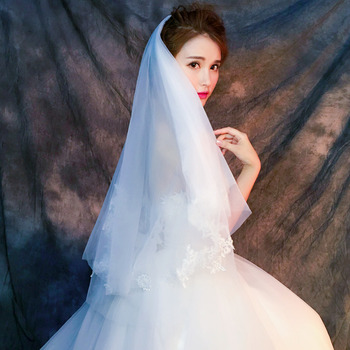 2 Layers Fingertip-Length Organza with Lace White Wedding Veils