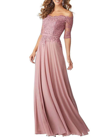 Affordable Off-the-shoulder Long Chiffon Applique Bridesmaid Dress