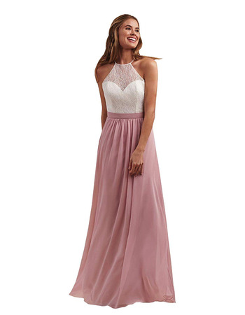 Custom A-Line Halter Floor Length Chiffon Lace Bridesmaid Dress