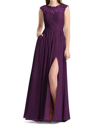 Elegant Sleeveless Floor Length Lace Chiffon Bridesmaid Dress with Slit