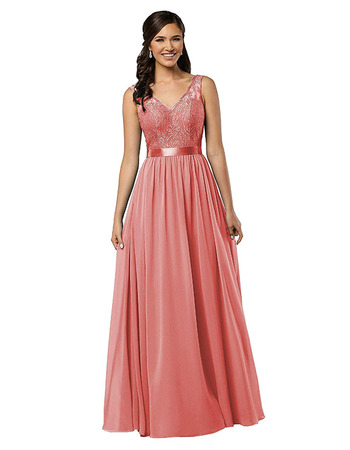 V-Neck Floor Length Lace Chiffon Bridesmaid Dress with Belt